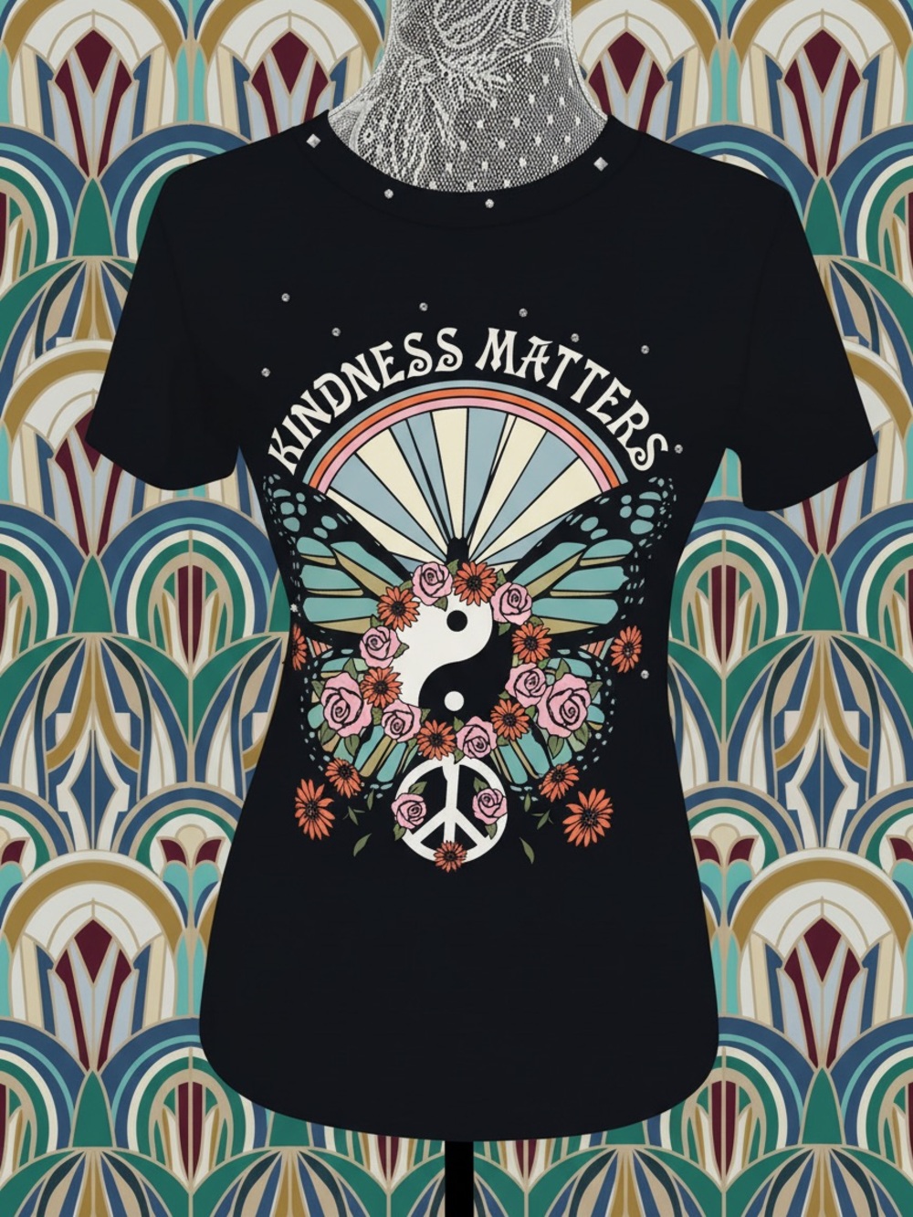 Ashley Blue Black Graphic Tee with Butterfly and Floral Design